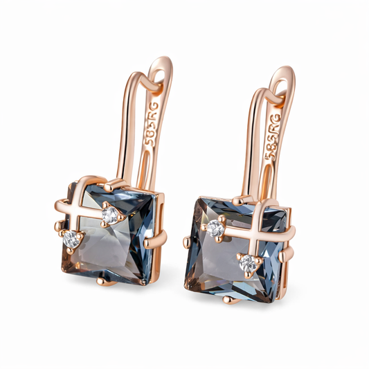 Pendientes Gris Ahumado — Oro Rosa 14k con Piedra Cuadrada